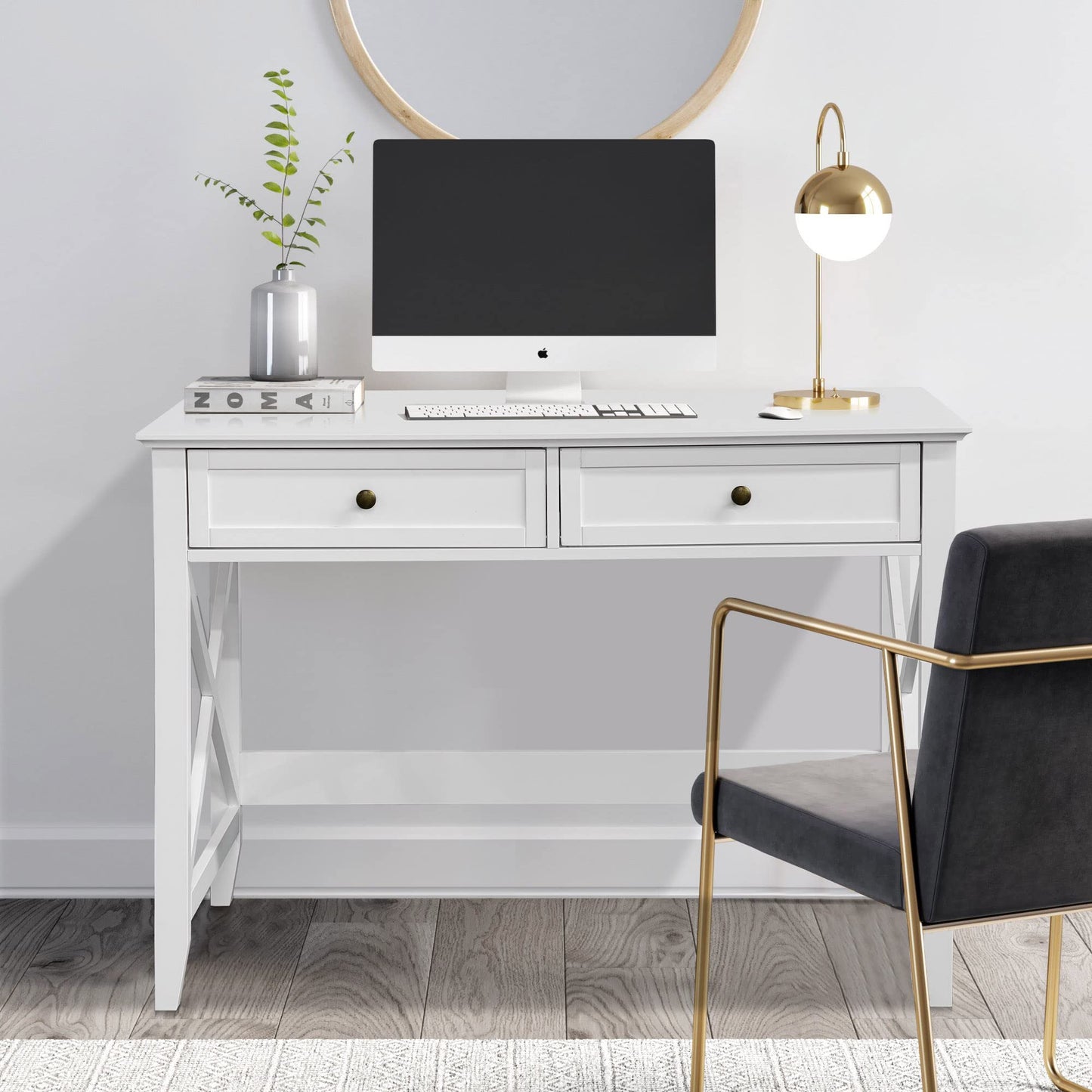 White Computer Desk with 2 Drawers, Modern Makeup Vanity Desk with Storage, Writing Desk for Home Office, 42'' Long Study Simple White Desk for Bedroom Console Table Living Room - WoodArtSupply