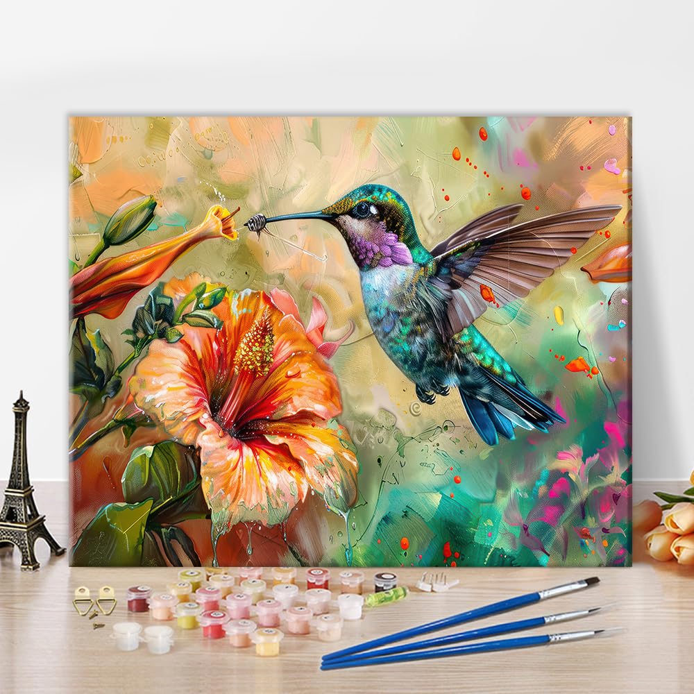TUMOVO Paint by Numbers Kit for Adults Bird Paint by Numbers for Adults Hummingbird Collecting Nectar from Flowers Painting Adult Canvas Oil Painting Art Crafts 16x20 in TUMOVO