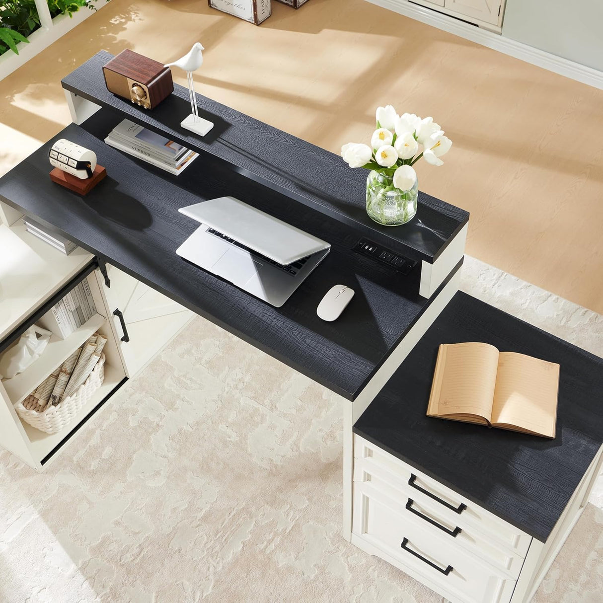 JXQTLINGMU Computer Desk with Darwers & Storage Cabinet, Home Office Desk with File Drawer, Gaming Desk with Monitor Stand & Charging Station, Off White JXQTLINGMU