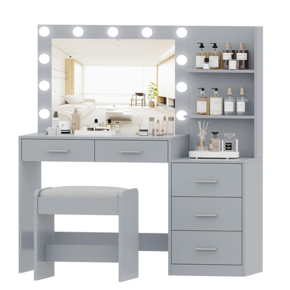 Rovaurx 46.7" W Makeup Vanity Set with Lights and Mirror, Vanity Desk with 5 Drawers, 3 Lighting Colors, Dressing Table for Bedroom, Studio, Grey