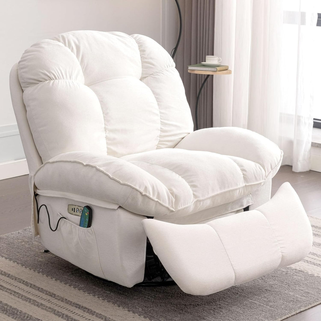 EDWELL Power Recliner Chair, Massage Rocker Recliner Chairs for Adults with Heated, Oversized Rocker Swivel Chairs for Living Room, Comfy Nursery Rocking Chairs with USB-C Ports and Side Pocket, White EDWELL