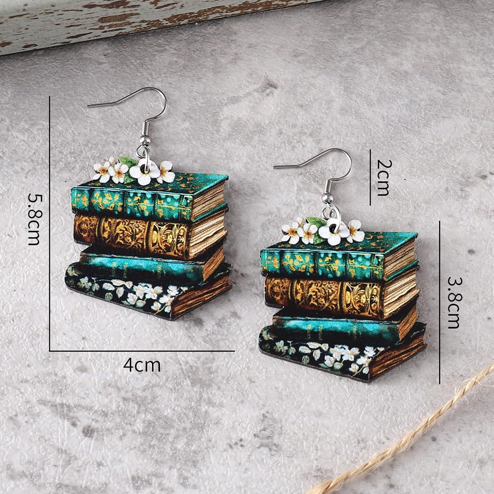 Handmade Wooden Stackable Book Dangle Earrings Lightweight Teacher Student Stack of Books Reading Earrings for Women Librarian Teachers Appreciation Day Gifts Graduation Back to School Jewelry-Style B Caiyao