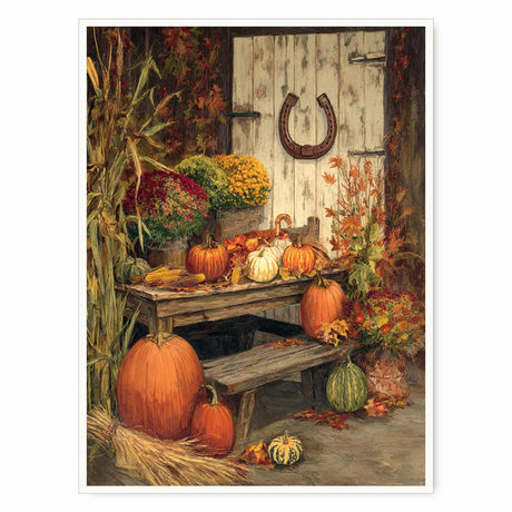 Rustic Harvest Porch Wall Art – Autumn Pumpkin and Corn Still Life Canvas Print with Flowers and Horseshoe Barn Door for Farmhouse Fall Decor 12x16in Unframed Generic