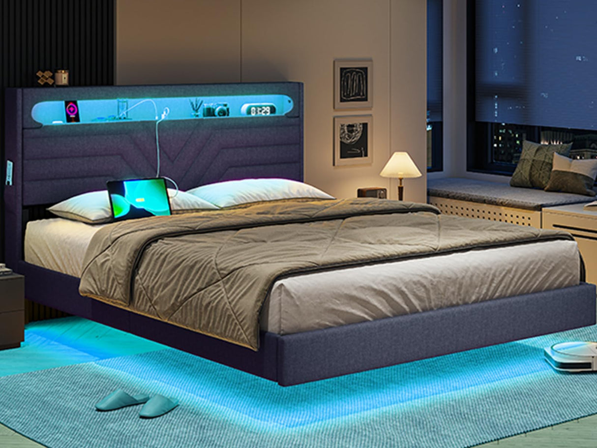 BTHFST Dark Gray Floating Bed Frame with RGB LED Headboard and Integrated Charging Ports BTHFST