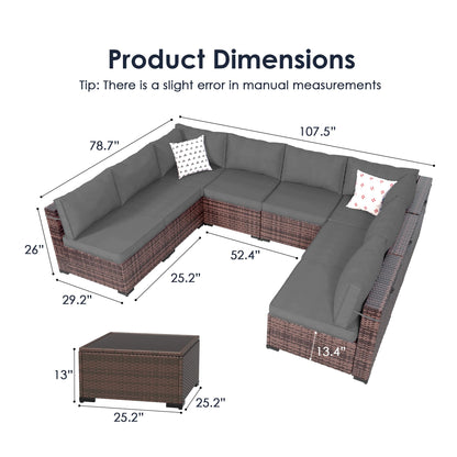 Amopatio 9 Pieces Patio Furniture Set All Weather Outdoor Sectional Sofa, Outdoor Modern Sectional Furniture Wicker Couch with Glass Coffee Table, Thicken Grey Cushions, Waterproof Cover