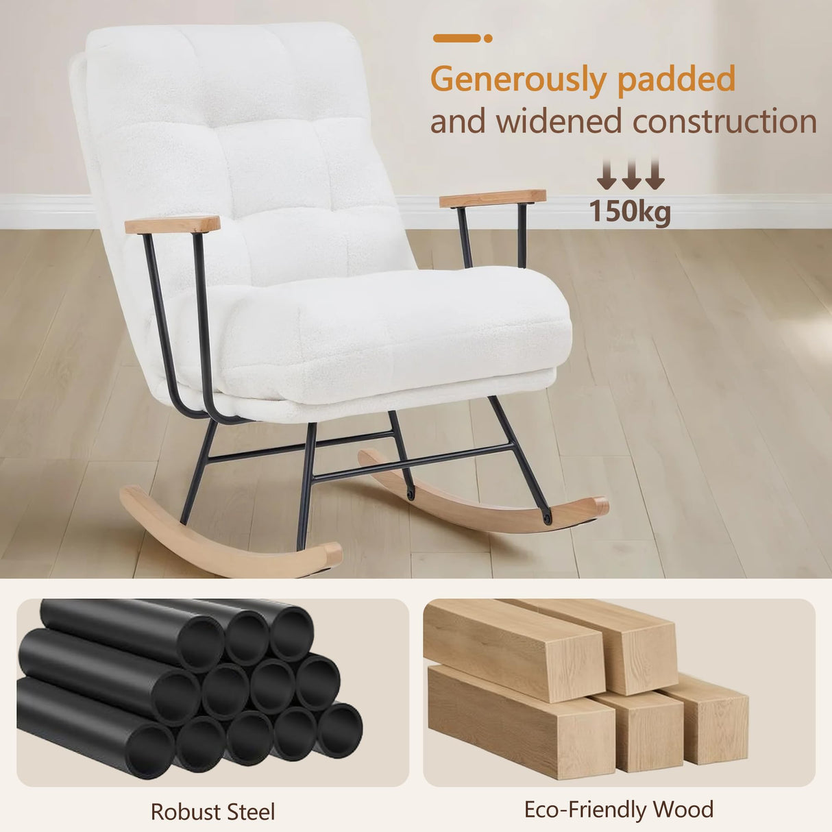 VECELO Wide Rocking Chair Nursery, Oversized Upholstered Glider with High Backrest and Padded Cushion, Teddy Fabric, Beige VECELO