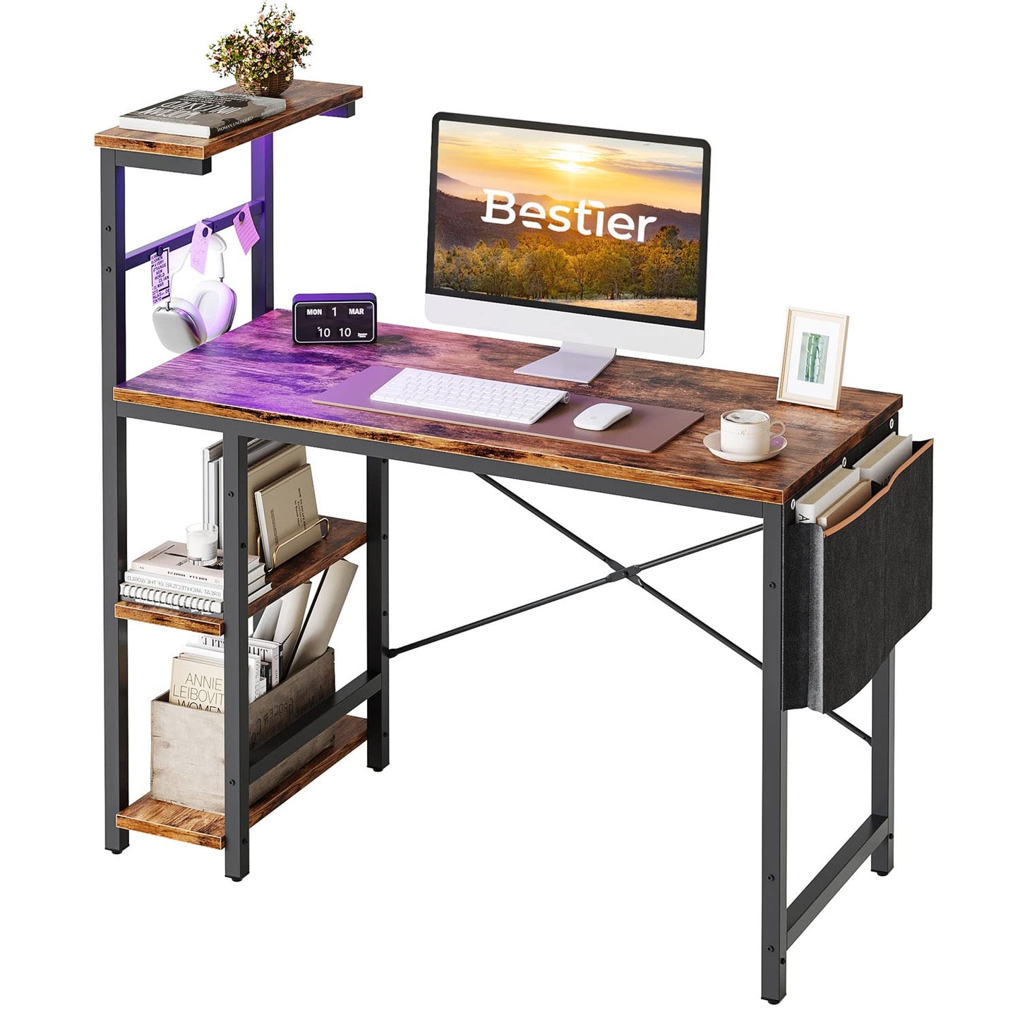 Bestier Computer Desk with LED Lights, Gaming Desk with 4 Tier Shelves, 44 Inch Office Desk with Storage Bag & Printer Shelf (Rustic Brown)