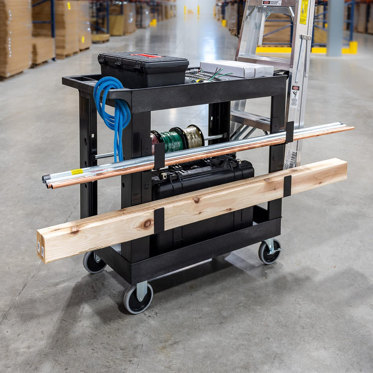 Stand Steady Tubstr 2 Shelf Utility Cart | Heavy Duty Service Cart Holds 400 lbs. | Adjustable Storage Hooks, Ladder & Spool Holders | Tub Cart for Stand Steady