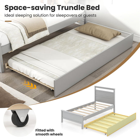KOMFOTT Twin Bed Frame with Trundle, Wood Bed Frame with Pull-Out Trundle, Headboard & Footboard, Wooden Slat Support, No Box Spring Needed, Mattress Foundation (Grey) KOMFOTT