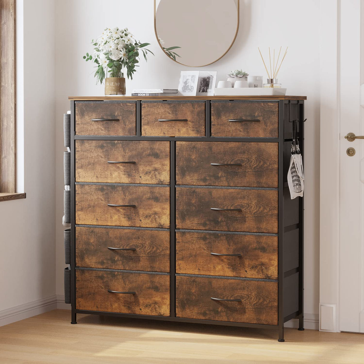 LIVEHOM Dresser for Bedroom with 11 Drawer, Dressers & Chests of Drawers with Side Pockets, Hooks, Fabric Storage Drawer, Steel Frame, Wood Top, Organizer Unit and Pull Handle for Closet. LIVEHOM