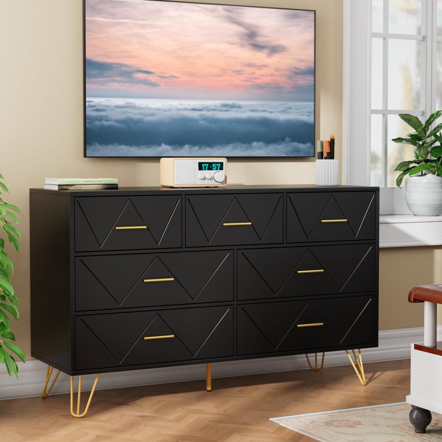 JOZZBY Dresser for Bedroom, 7 Drawer Black Wooden Dresser with Gold Handles, Modern Storage Dressers & Chests of Drawers for Hallway, Entryway