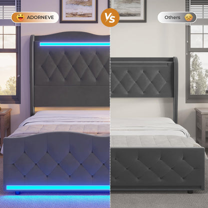 ADORNEVE Velvet King Bed Frame with LED Lighting, Storage Headboard & Charging Station - Dark Grey Wingback Design - WoodArtSupply