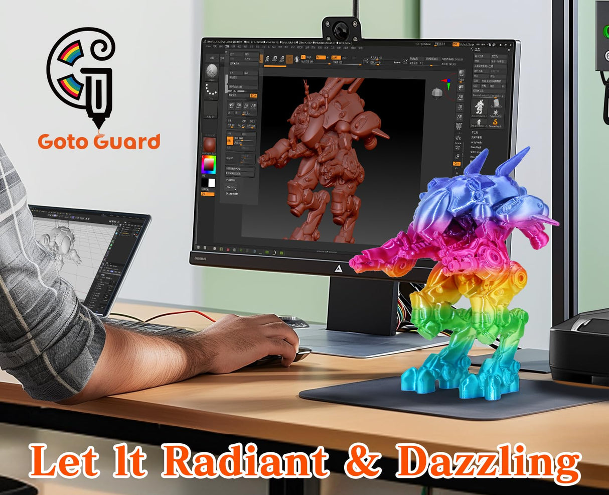 Goto Guard Silk Rainbow PLA Filament, Silk PLA Multicolor Filament Color Changing with Green Blue Purple Pink Yellow PLA, 3D Printing Filament 1.75mm 3D Filament 1kg Goto Guard