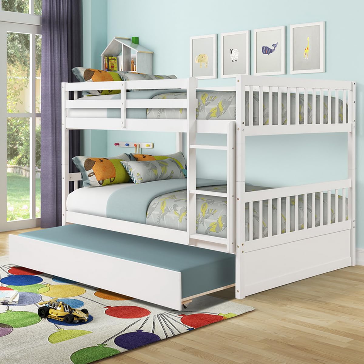 WIILAYOK Full Over Full Bunk Bed with Trundle, Convertible to 2 Full Size Platform Bed, Full Size Bunk Bed with Ladder and Safety Rails for Teens, Adults, White