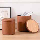 Round Ottoman with Storage Set of 2, Faux Leather Button Tufted Storage Ottoman, 14.76"L x 14.76"W x 17.32"H, Boucle Vanity Stool Footrest Coffee Table for Living Room, Bedroom, Support 300 lbs, Brown oakvivo