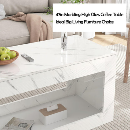 47.3IN Modern LED Coffee Table, Black/White Coffee Table for Living Room,High Gloss Coffee Table with APP Control, Large Coffee Table with Marbling Print(White)