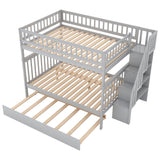 Full Over Full Bunk Beds with Trundle and Stairs Stairway Bunk Bed Frame with Storage Shelves for Kids Teens Adult, Detachable Wood Full Bunk Bed for Boys Girls Adults, Gray Bellemave