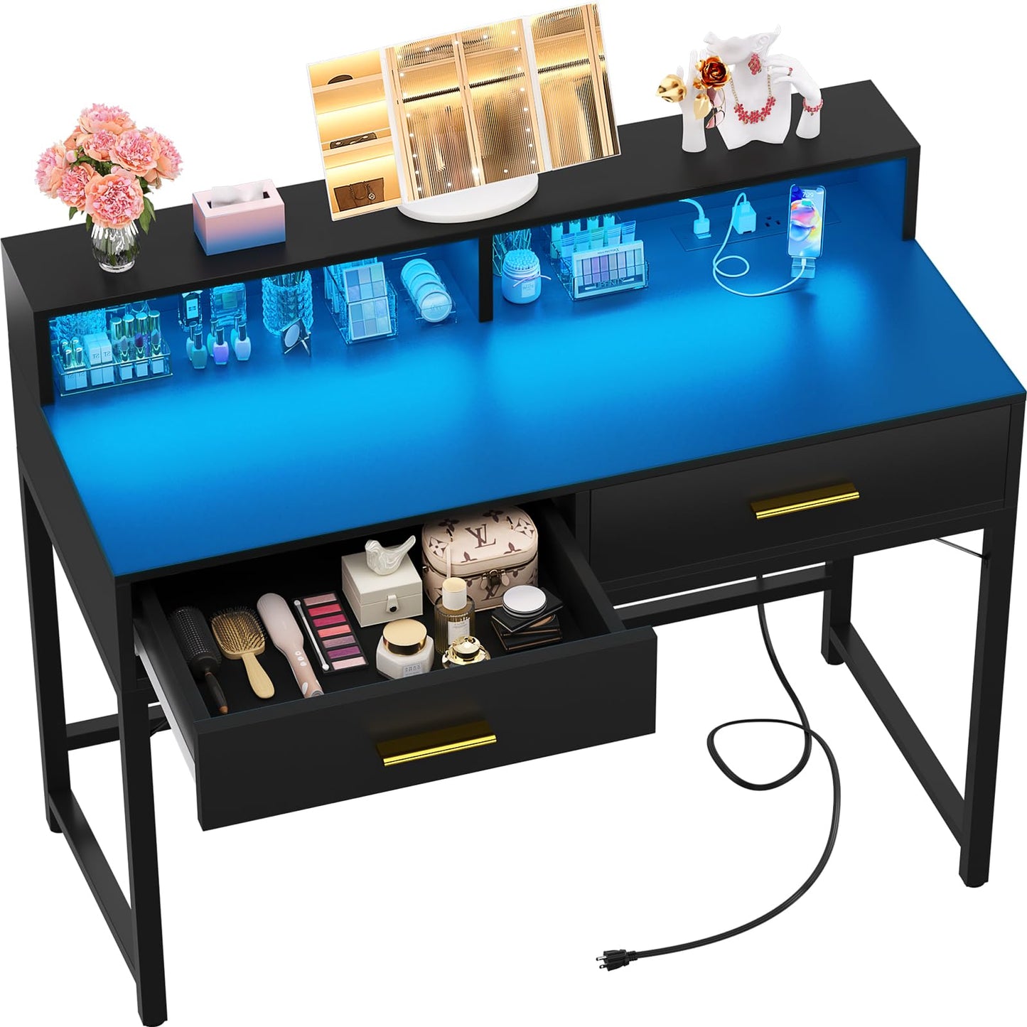 Cyclysio Vanity Desk with Mirror and Lights, 36 Inch Makeup Vanity with 2 Wooden Drawers & Storage Shelves, Black Small Vanity with Power Outlets and LED Lights for Small Space, Bedroom, Black Pink