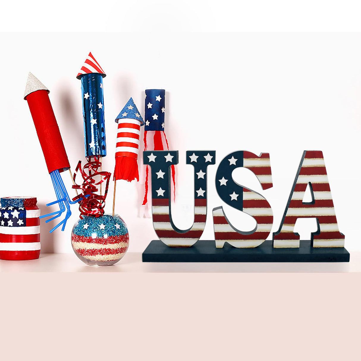 Morning View Patriotic Decor Wooden USA Sign American 4th of July Letter Tabletop Decoration Standing Cutout US Flag Block Signs Table Centerpieces for Memorial Day Party Supplies Home Decor Mantel Morning View