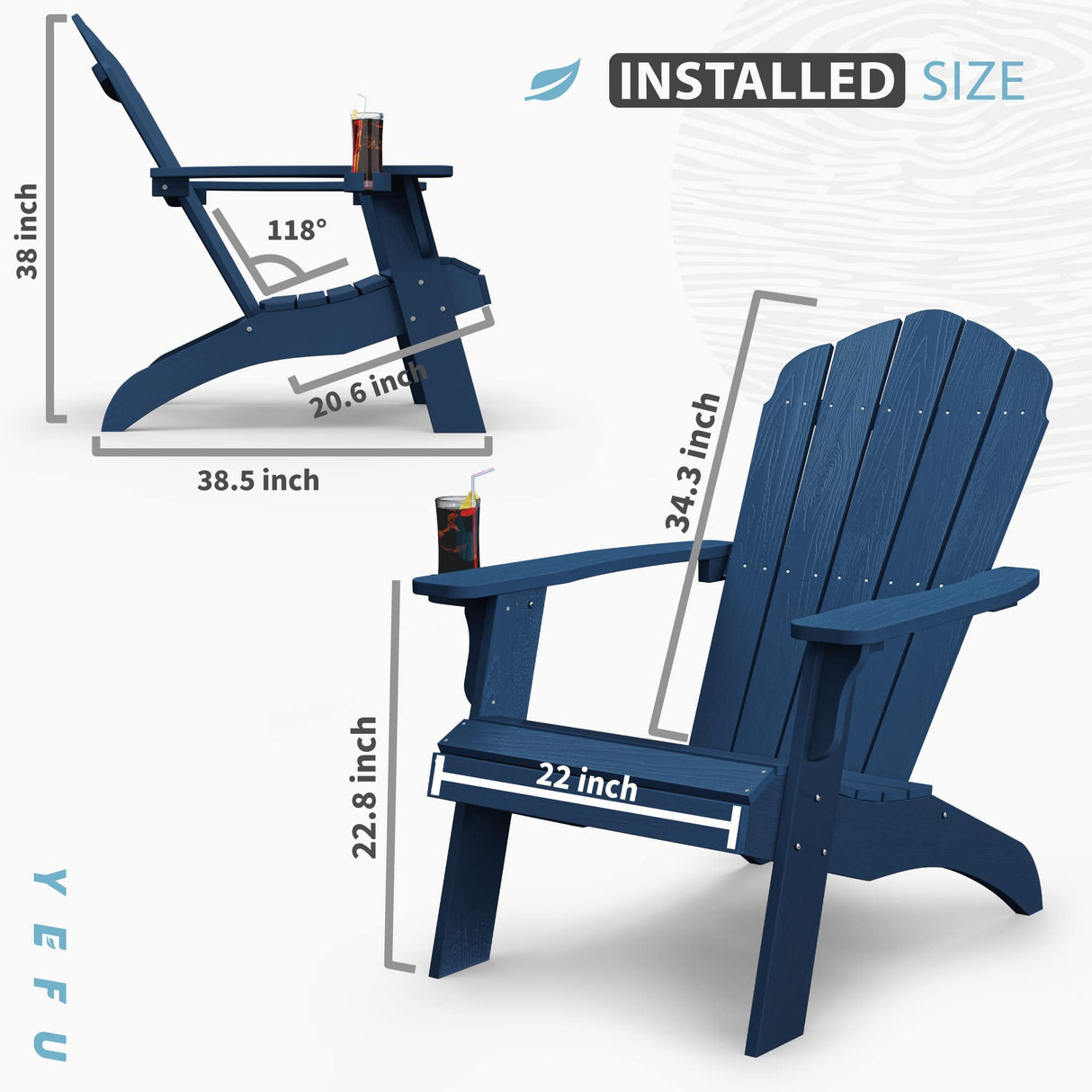 YEFU Oversized Adirondack Chair with Cup-Holder,Plastic Outdoor Fire Pit Chair, Weather Resistant, Poly Lumber Chair, Used in Patio, Lawn, Deck,Heavty Duty,Weight Capacity 400lbs-Navy Blue YEFU