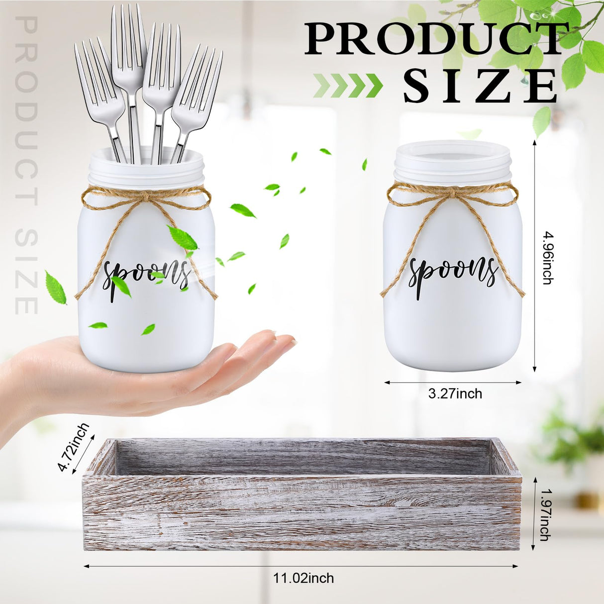Tiangrid 4 Pcs Silverware Utensil Holder Mason Jar with Wooden Utensil Organizer for Kitchen Countertop Forks Spoons Knives Storage White Farmhouse Kitchen Caddy Glass Cooking Decor for Party Tiangrid