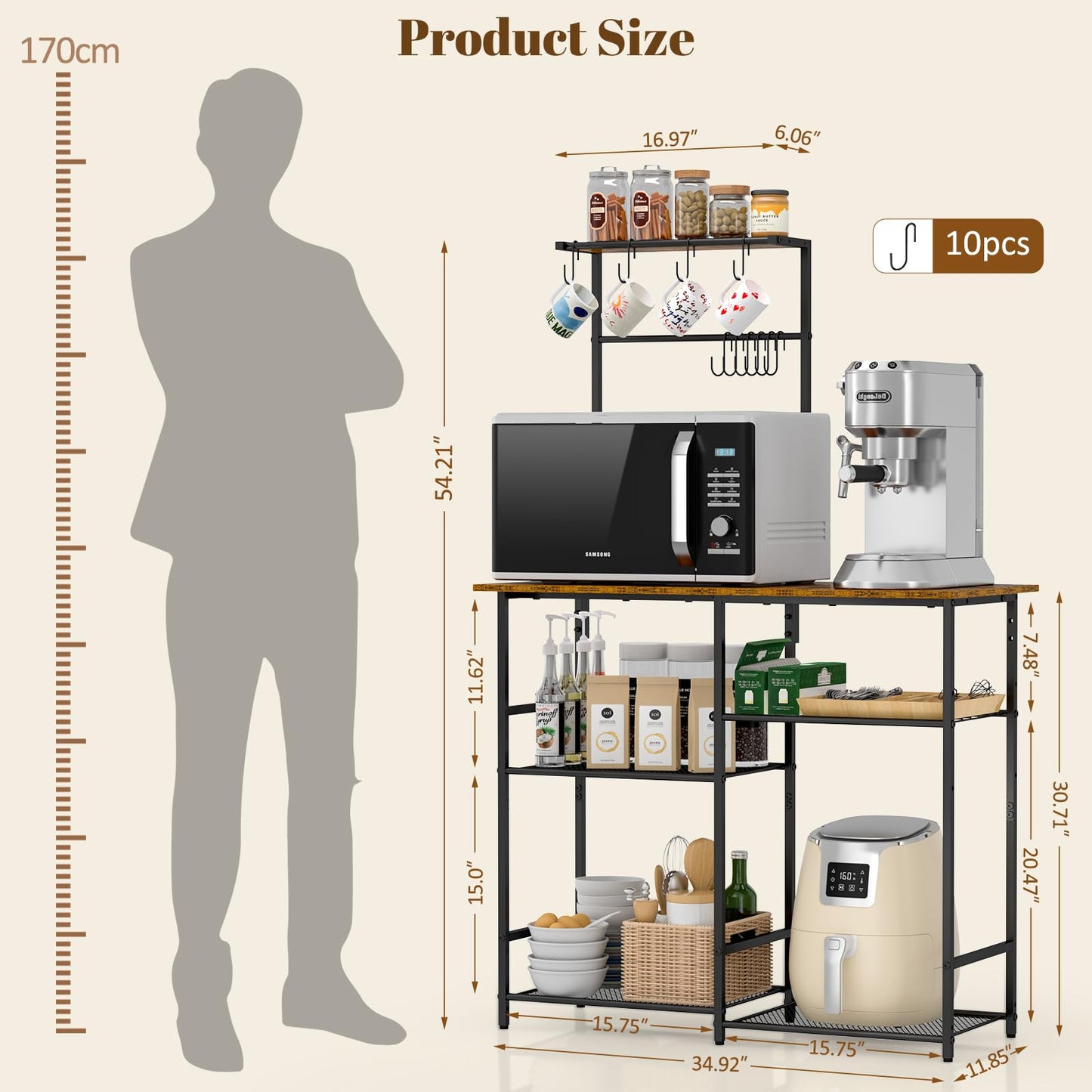 3IngSeagulls Baker's Rack for Kitchen with Storage, Microwave Stand with Adjustable Shelves, Kitchen Stand with 10 S Hooks, 6-Tier Coffee Bar Station, Kitchen Shelves for Spices, Pots, Rustic Brown