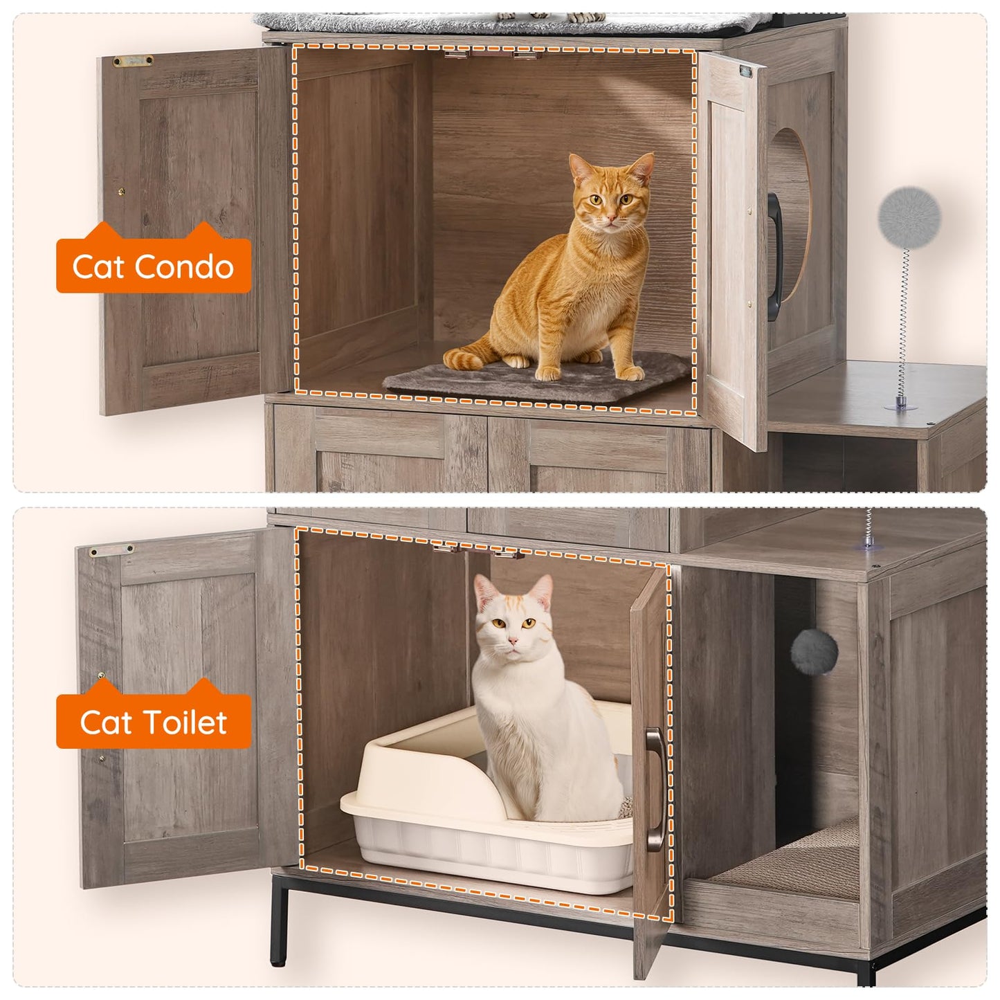 HOOBRO Cat Litter Box Enclosure Furniture, 2 in 1 Hidden Litter Box Furniture with Shelf, Double Litter Box Cabinet with 2 Danging Plush Balls and 1 Toy Ball, Greige and Black BG78MW01