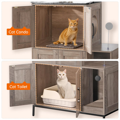 HOOBRO Cat Litter Box Enclosure Furniture, 2 in 1 Hidden Litter Box Furniture with Shelf, Double Litter Box Cabinet with 2 Danging Plush Balls and 1 Toy Ball, Greige and Black BG78MW01