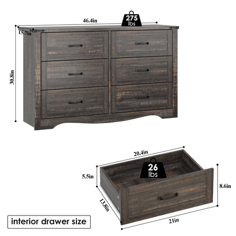 Farmhouse 6 Drawer Dresser for Bedroom, Wood Dresser Chest of Drawers, Wide Dressers Organizer with Metal Handles, Natural Texture Storage Cabinet for Closet, Living Room, Hallway (Dark Rustic Oak) Gyfimoie