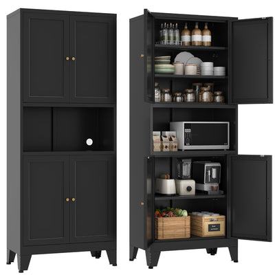 YAUWOH 69''Metal Pantry Storage Cabinet with 4 Doors & 3 Adjustable Shelves,Kitchen Pantry Cabinet with Microwave Shelf,Microwave Stand with Storage for Kicthen,Dining Room,Bathroom Black