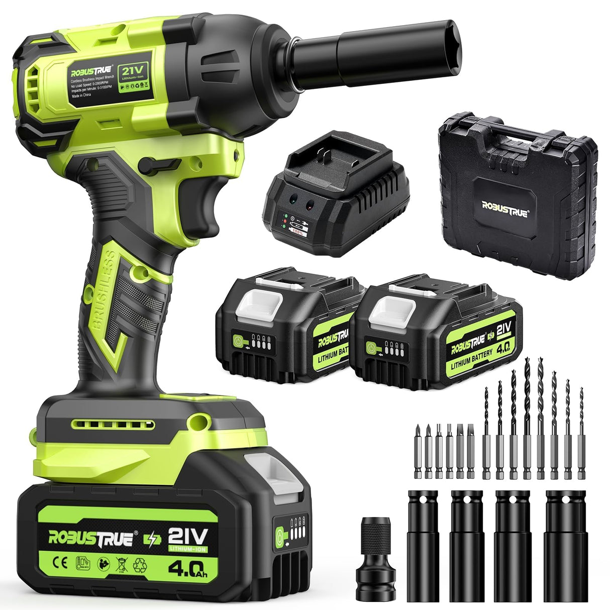 Robustrue Cordless Impact Wrench, 406Ft-lbs (550N.m) Brushless 1/2 inch Impact Wrench, 2800RPM High Torque Impact Gun, 2x 4.0Ah Battery, Charger, 4 Sockets, Electric Impact Wrench for Car Home Robustrue