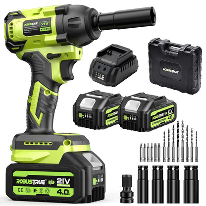 Robustrue Cordless Impact Wrench, 406Ft-lbs (550N.m) Brushless 1/2 inch Impact Wrench, 2800RPM High Torque Impact Gun, 2x 4.0Ah Battery, Charger, 4 Sockets, Electric Impact Wrench for Car Hom - WoodArtSupply