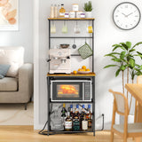 DAOUTIME Kitchen Bakers Rack with Power Outlet, 4-Tier Coffee Bar Station with 6 S Hooks, Microwave Stand for Kitchen, Living Room, Farmhouse, 23.62" W x 15.74" D x 57.13" H, Rustic Brown DAOUTIME
