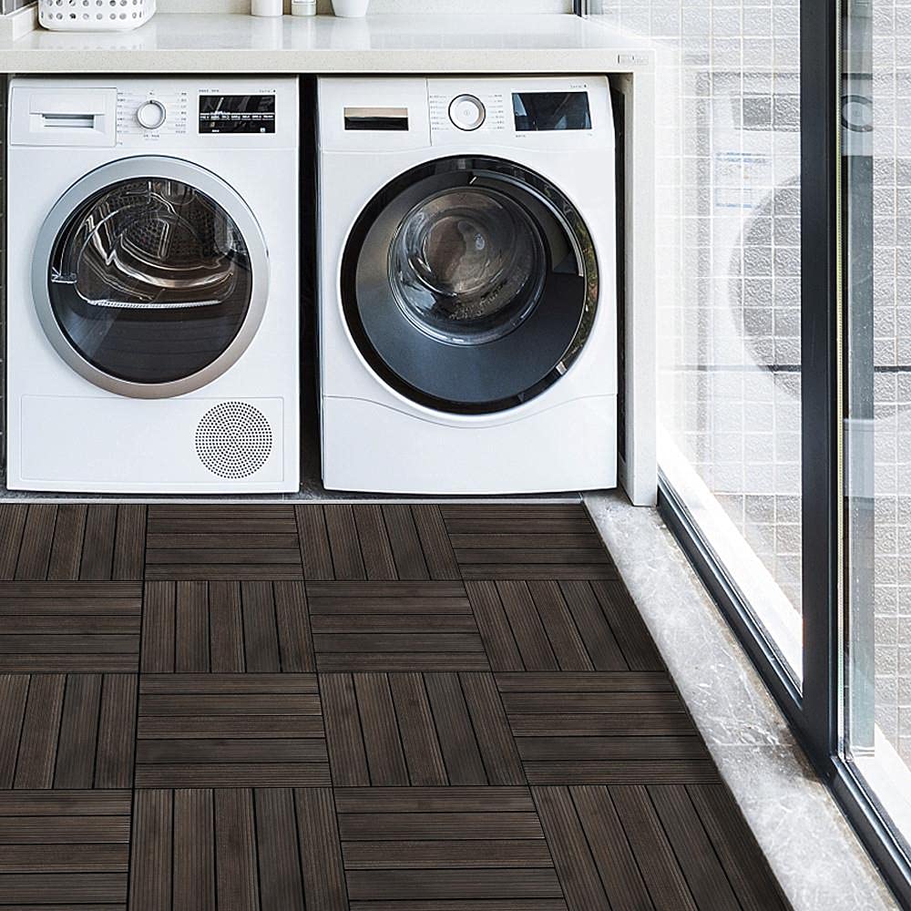 Topeakmart 27PCS Wood Flooring Tiles Interlocking Patio Deck Tiles Blocks Indoor Outdoor Solid Wood 12 x 12in Dark Brown Topeakmart