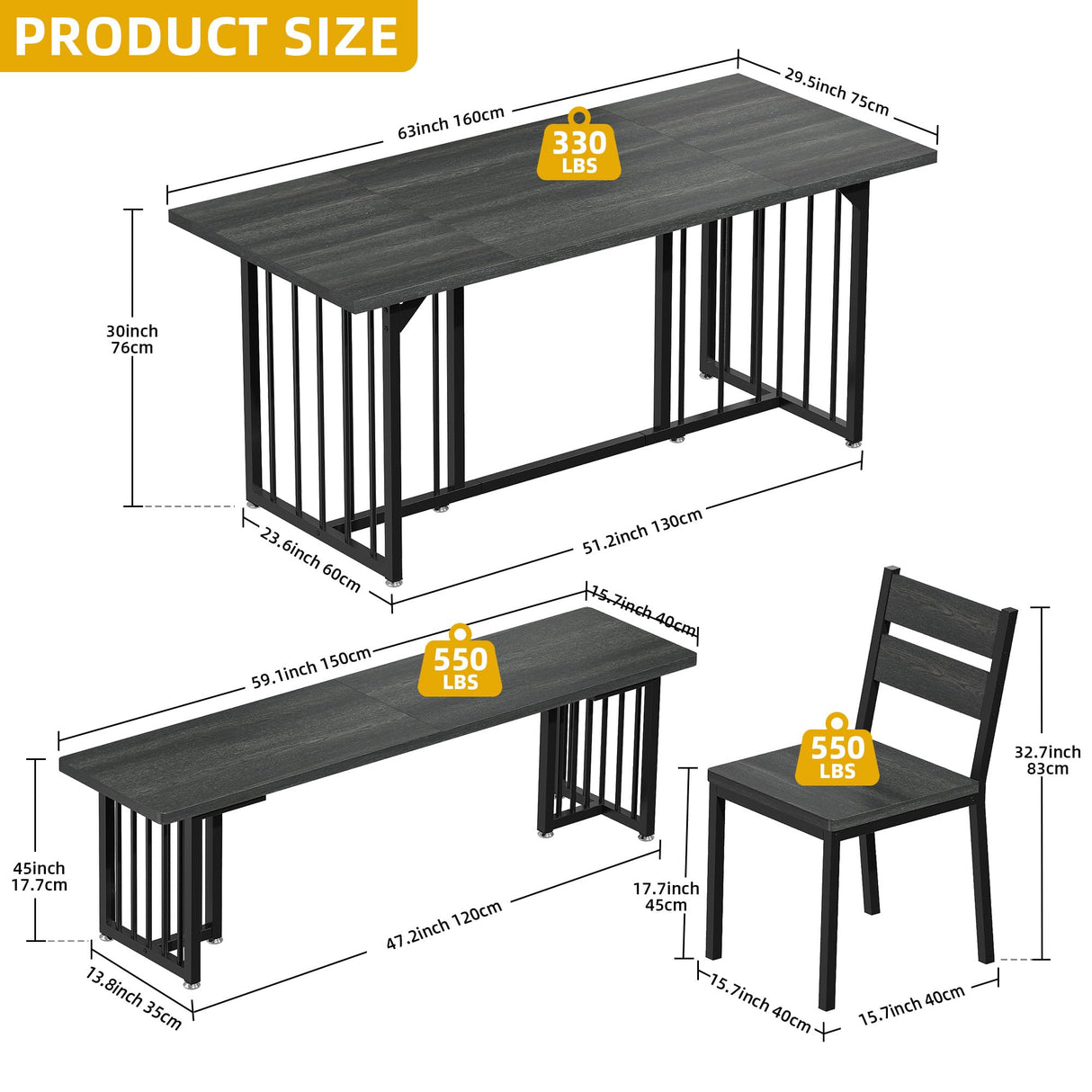 DWVO 6-Piece Dining Table Set for 6-8 People 63 Inch Kitchen Table Set with 2 Benches and 4 Chairs Farmhouse Rectangular Dining Room Table Set for Kitchen Dining Room Apartment Dark Grey DWVO