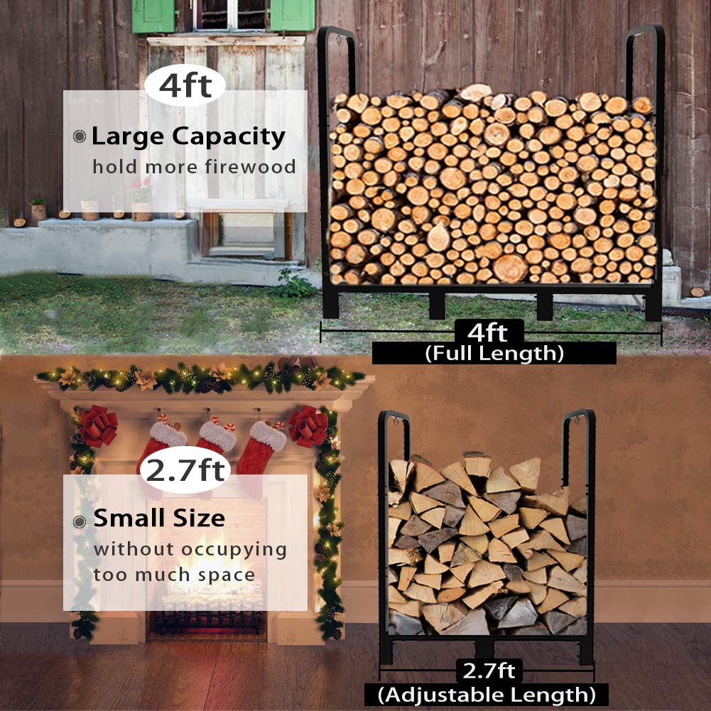 Artibear 4ft Outdoor Firewood Rack, Upgraded Adjustable Heavy Duty Logs Stand Stacker Holder for Fireplace - Metal Lumber Storage Carrier Organizer, Bright Black Artibear