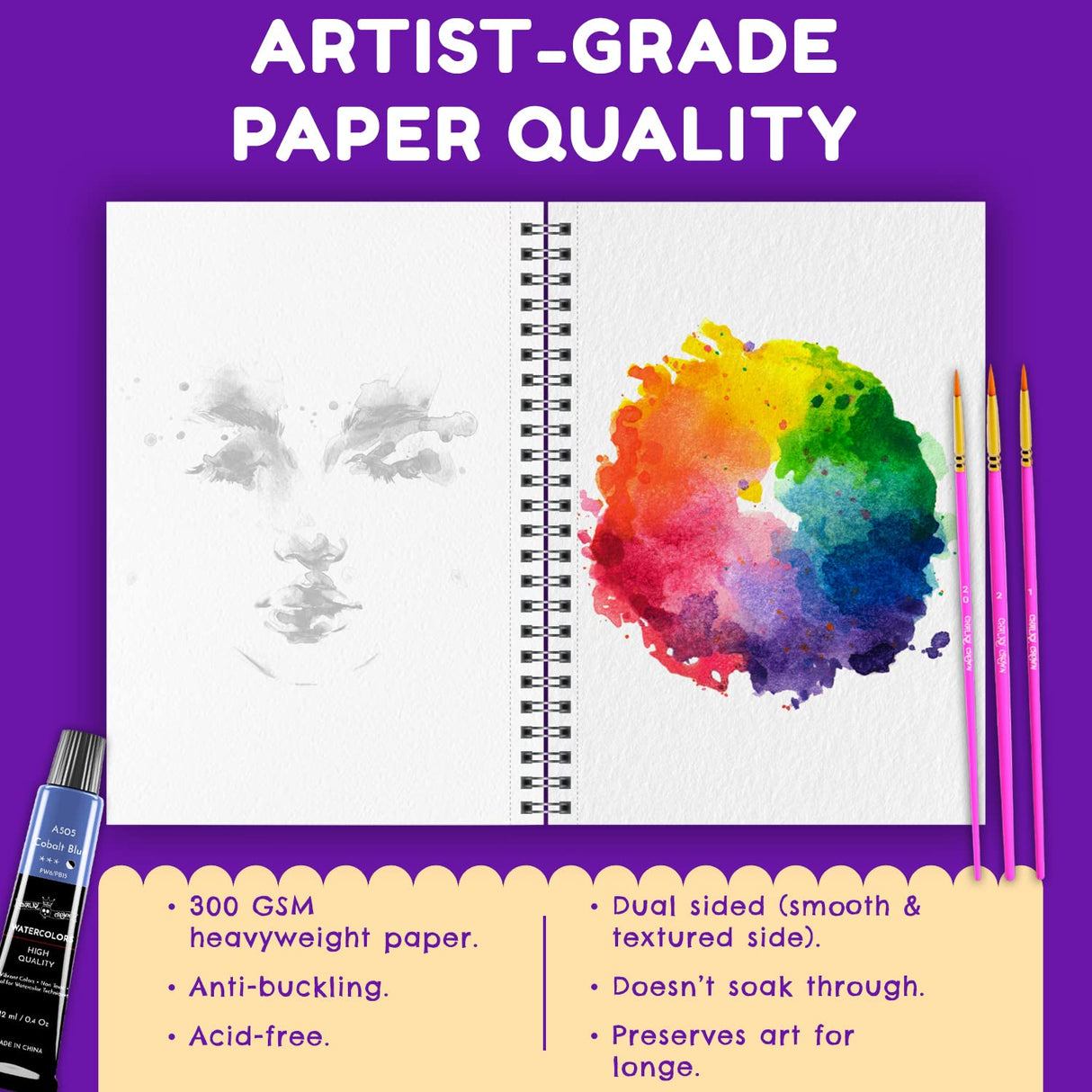 CHALKY CROWN - Watercolor Paper Pad - Water Color Paper Sketch Book - Large Paper for Artists, White - Pack of 2 (64 Sheets) CHALKY CROWN