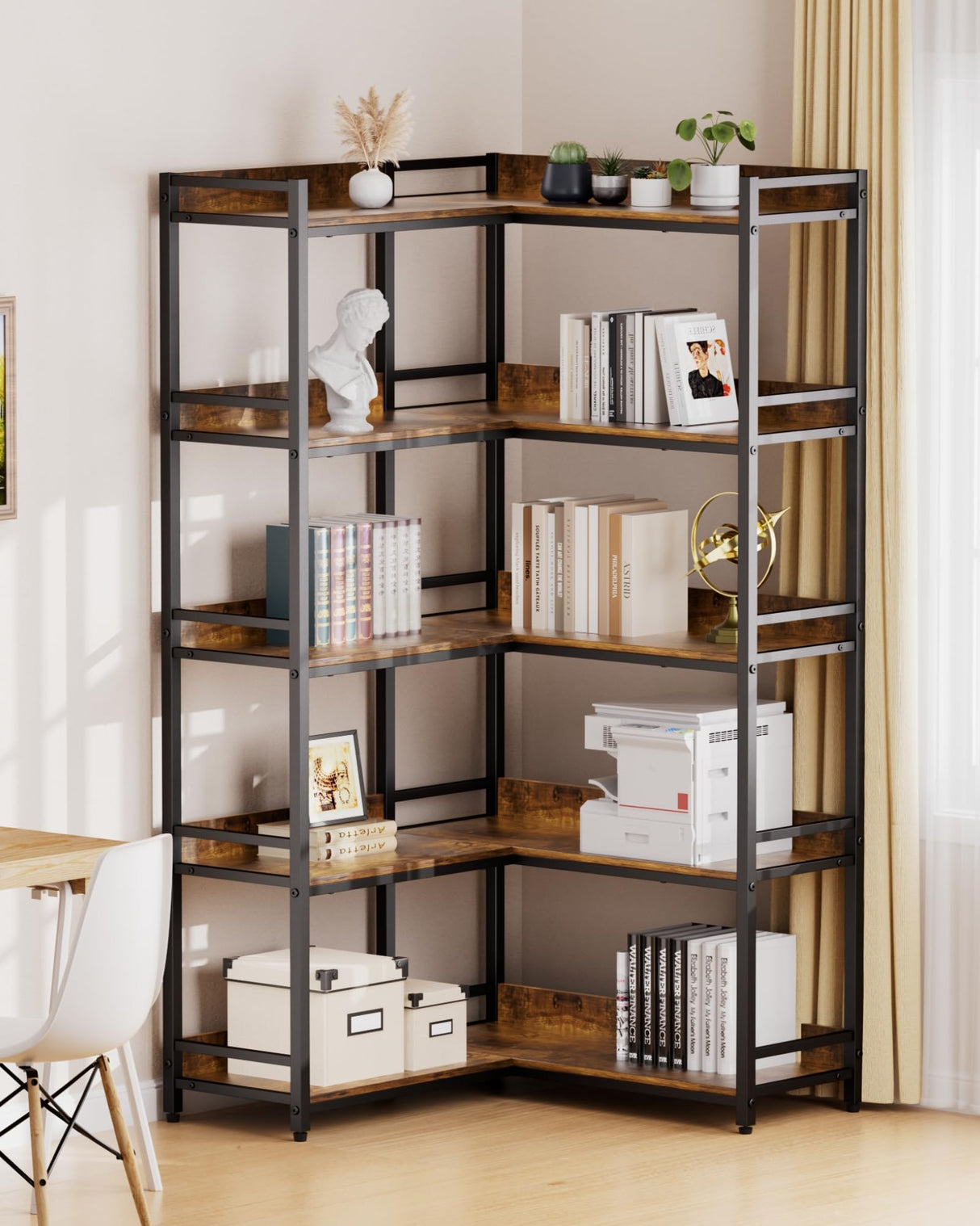 Aquzee Large 5-Tier Corner Bookshelf - Modern Tall Corner Shelf Storage Display Rack with Sturdy Metal Frame - Perfect for Living Room, Home Office, Books and Decor Display Aquzee