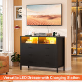 Hyomdeck Black Dresser for Bedroom, 6 Drawer Dresser with LED Lights and Power Outlet, Wood Dresser, Tall Chest of Drawer Storage Organizer, Dresser TV Stand for Living Room, Hallway, Entryway Hyomdeck