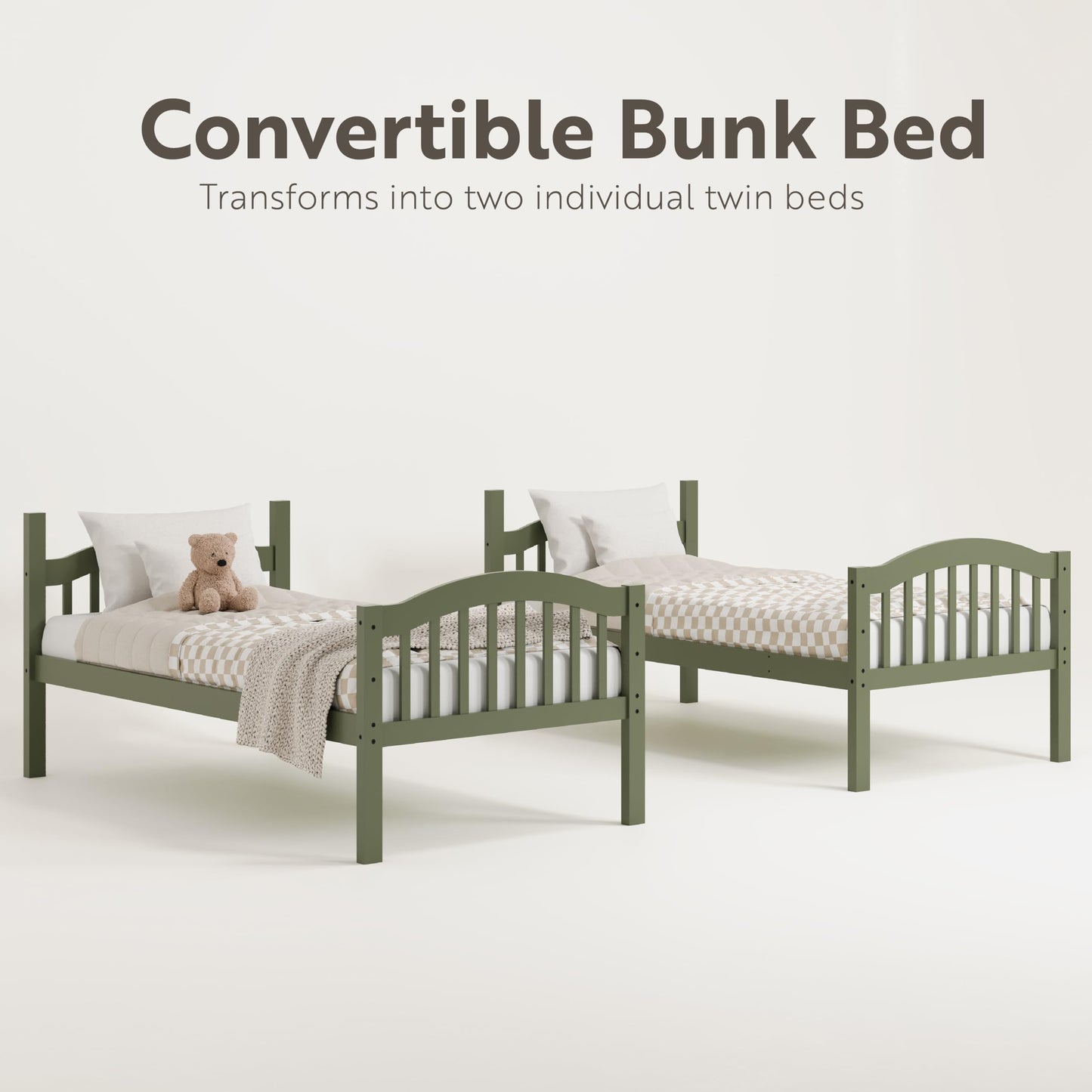 Storkcraft Long Horn Twin-Over-Twin Bunk Bed (Olive) - GREENGUARD Gold Certified, Converts to 2 Individual Twin Beds, Wood Slats, Bunk Bed Twin Over Twin for Kids, Ideal for Kids