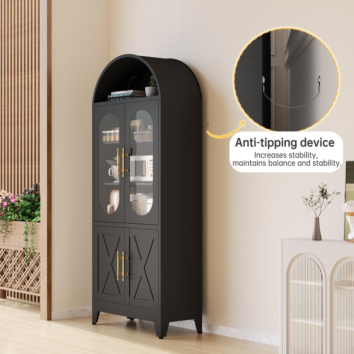 RISTERN 73" Tall Arched Kitchen Pantry Cabinet, Modern Metal Farmhouse Storage Cabinets, Steel Cabinet with Glass Doors and Adjustable Shelves, Living Room, Dining Room and Office, Black RISTERN