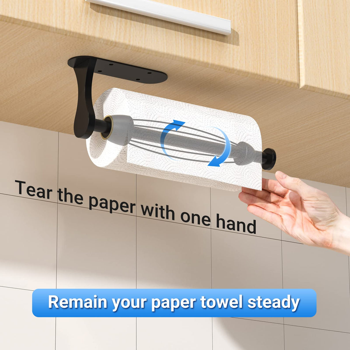 Paper Towel Holder Under Cabinet, One-Handed Tear, Wall Mount, Adhesive, Stainless Steel, Black, Paper Roll Holder with Ratchet Mechanism for Kitchen Bathroom Farmhouse Essentials Decor Accessories Swaitee