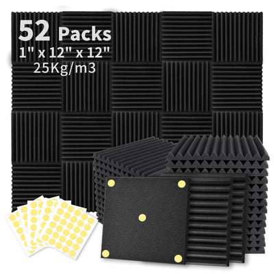 Focusound 52 Pack Acoustic Foam Panels 1" x 12" x 12" Sound Proof Foam Panles Soundproofing Noise Cancelling Wedge Panels for Home Office Recoding Studio with 300PCS Double-Side Adhesive