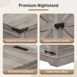 RALGEND Farmhouse End Table with Charging Station, 24'' Sofa Side Table with 2 Drawers and Barn Door, Large Rustic Wooden Square Nightstand for Bedroom, Living Room, Greige RALGEND