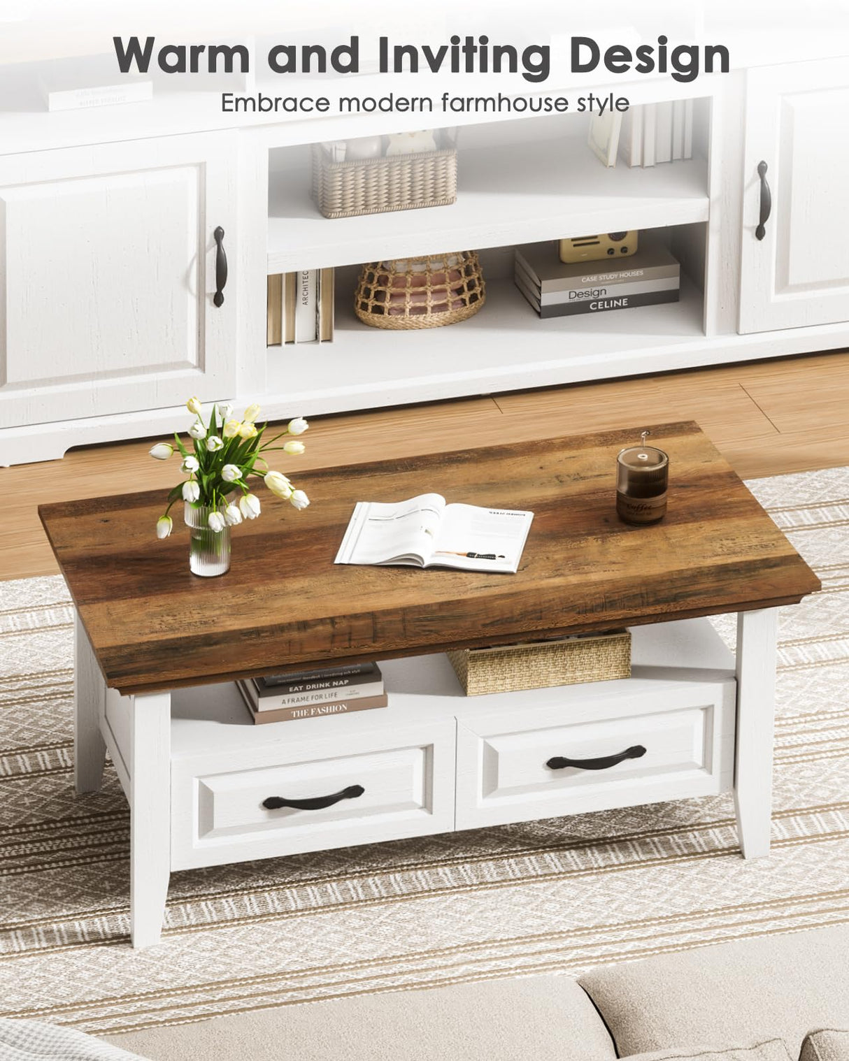 Amada Coffee Table for Living Room, 39.4" Small Coffee Table with Storage, Open Display Shelf and Hidden Drawers, Farmhouse Wood Center Table Ideal for Home Office, White and Oak AMADA HOMEFURNISHING