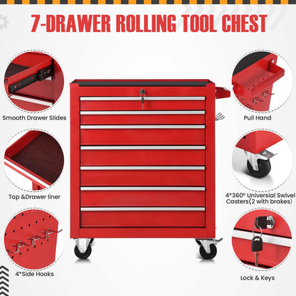 7-Drawer Metal Rolling Tool Chest with Wheels,Heavy Duty Tool Storage Cabinet with Locking System,Toolbox with Wheels for Garage, Warehouse, Workshop, Repair Shop - WoodArtSupply