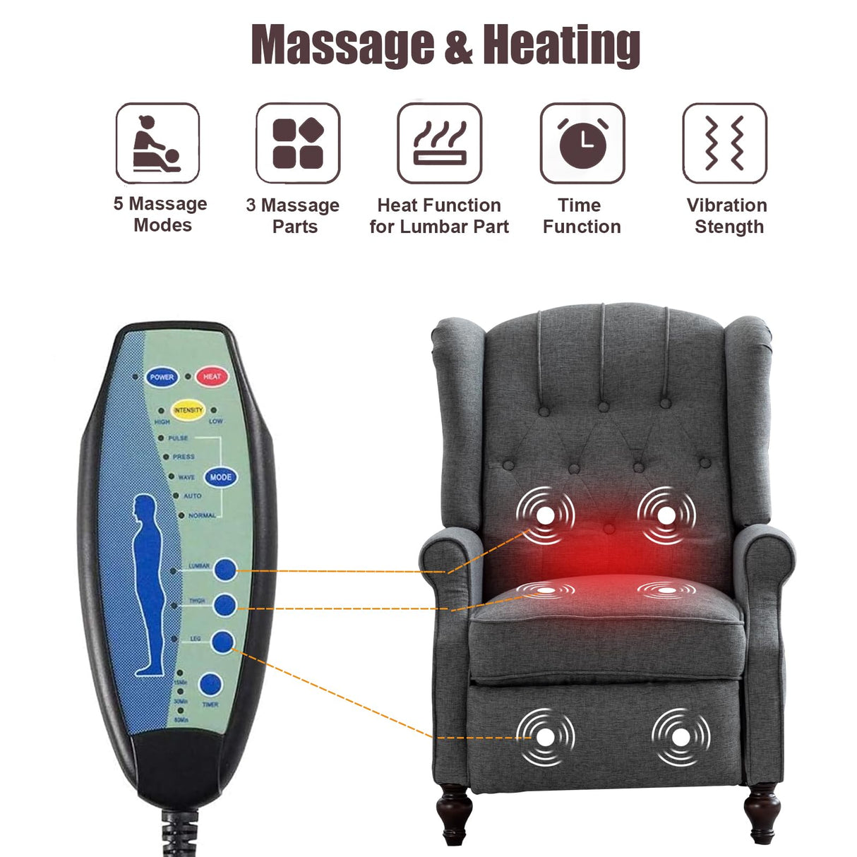 Oprisen Push Back Recliner Mid-Century Modern Accent Chair Single Reading Chair Tufted Button Arm Chair for Living Room w/Heat Massage/Side Pockets (1 PC, Gray) Oprisen