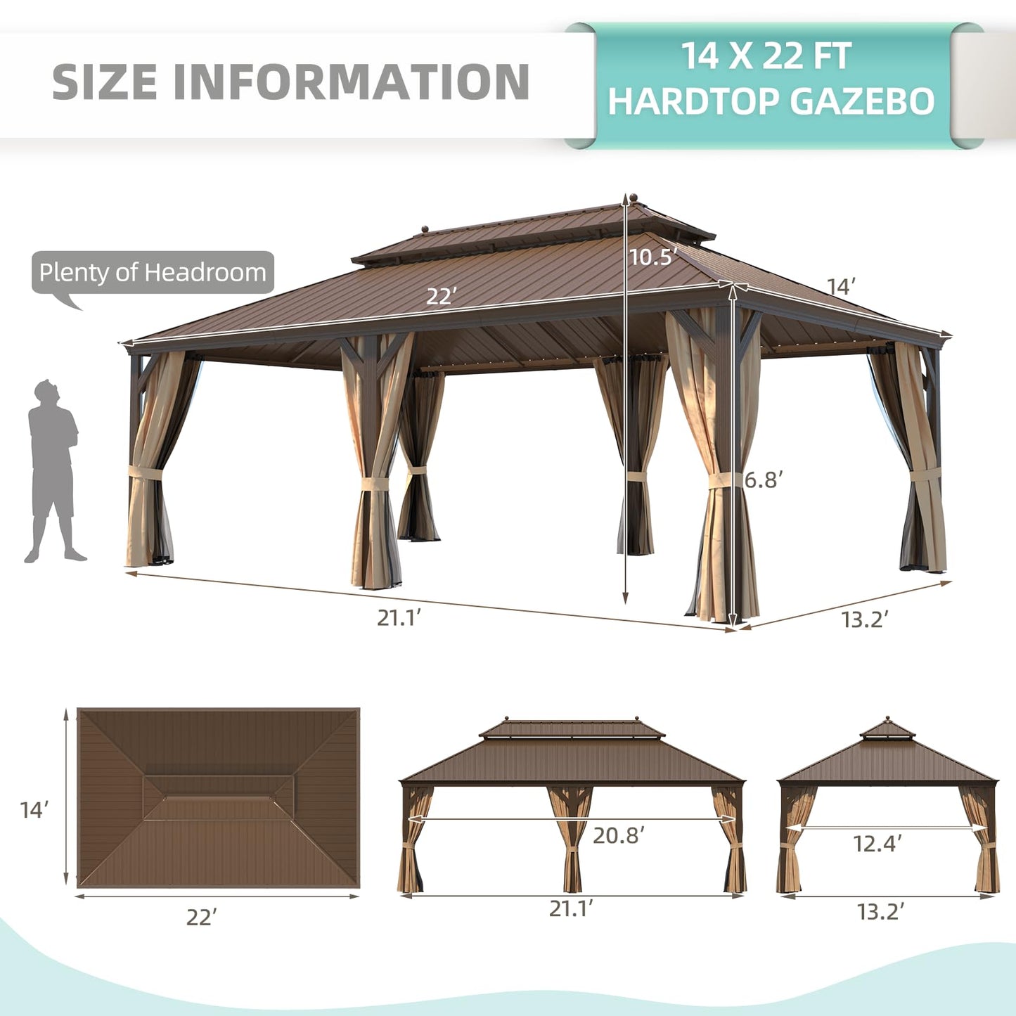 MELLCOM 14' x 22' Hardtop Gazebo,Galvanized Steel Metal Double Roof Aluminum Gazebo with Curtain and Netting,Brown Permanent Pavilion Gazebo with Aluminum Frame for Patios,Gardens,Lawns