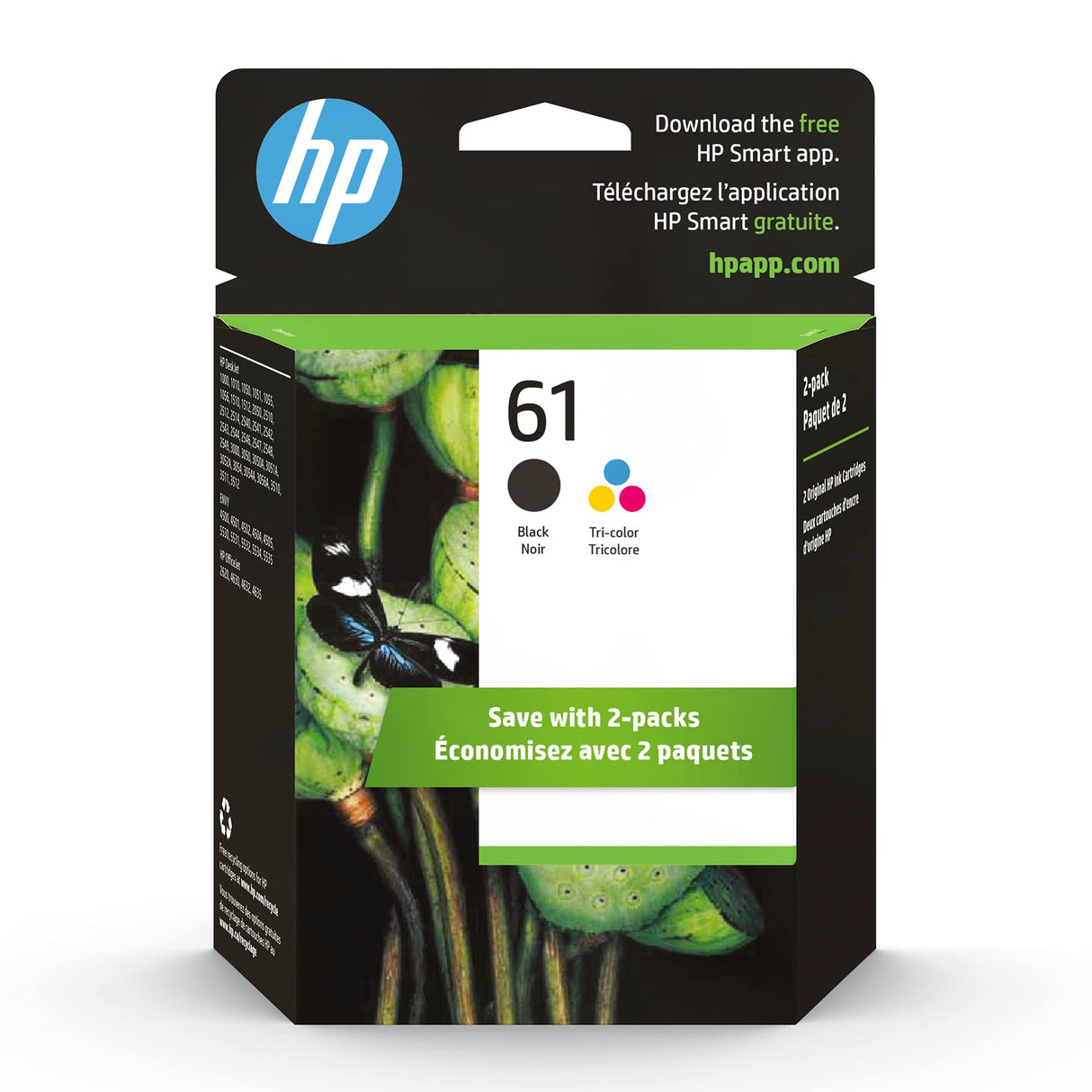 HP 61 Black/Tri-color Ink (2 Pack) | Works with DeskJet 1000, 1010, 1050, 1510, 2050, 2510, 2540, 3000, 3050, 3510; ENVY 4500, 5530; OfficeJet 2620, 4630 | Eligible for Instant Ink | CR259FN HP