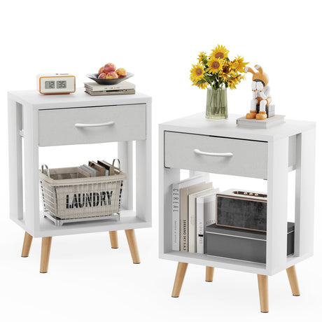 GYIIYUO Nightstands Set of 2 with Fabric Storage Drawer and Open Wood Shelf, Side Table with Storage for Bedroom, Night Stand with Drawer for Bedroom, Bedside Tables - White 24" H GYIIYUO